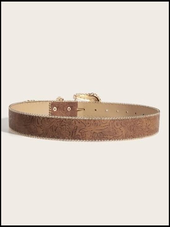 Vintage Western Cowgirl Belt Gold Buckle Floral Faux Leather Waist Accessory main image 5